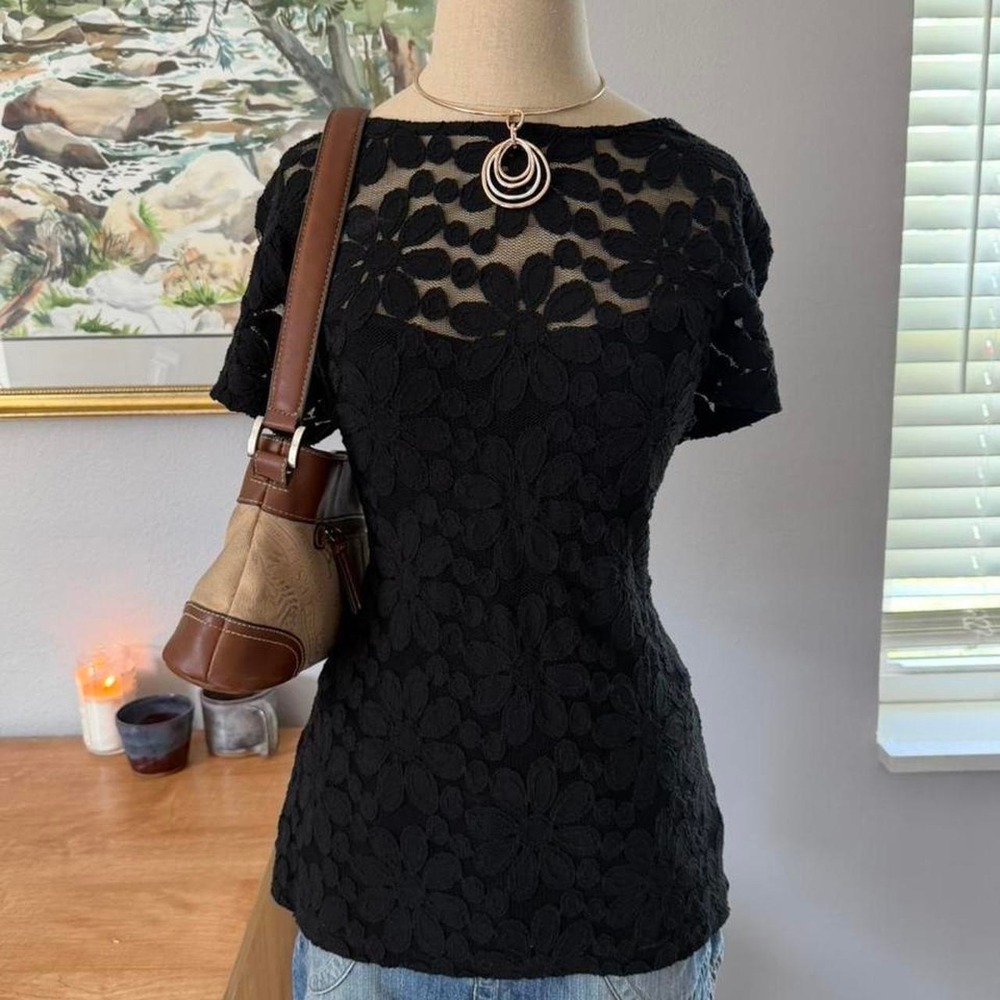 INC International Concepts Black Floral Lace Sheer Layered Top Whimsygoth M